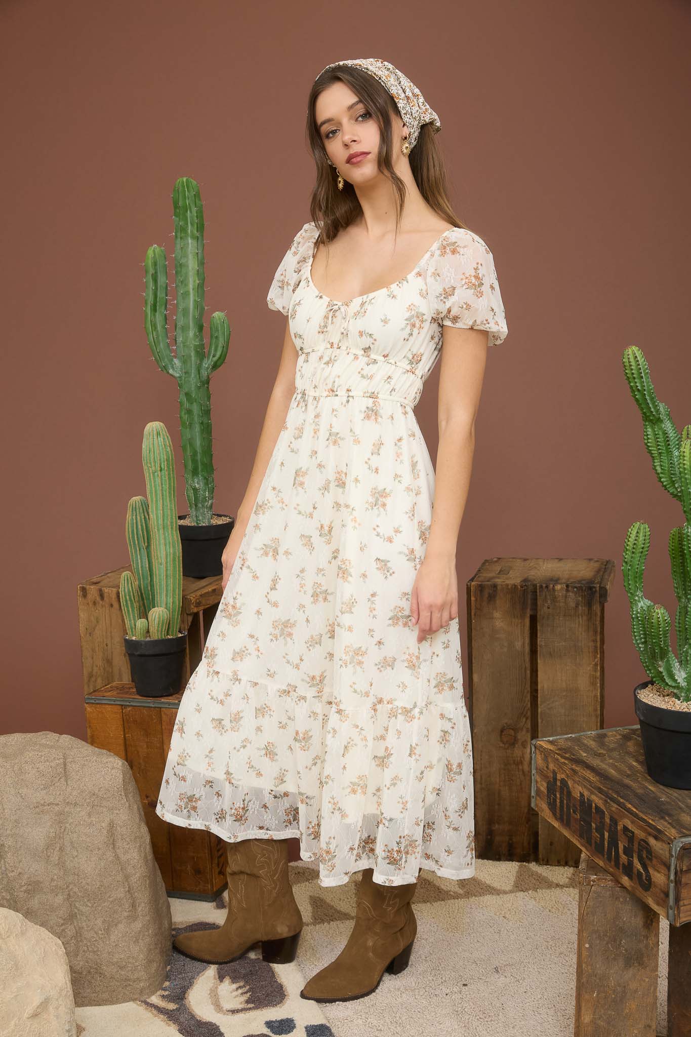 Floral Puff Sleeve Midi Dress