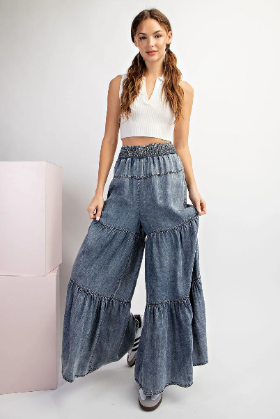 Denim Tiered Wide Leg Pants