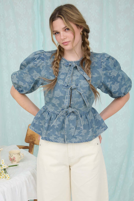 Denim Bloom Bow Top