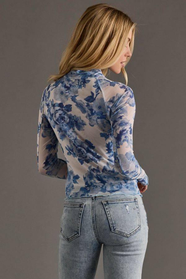 Blue Floral Mesh Top