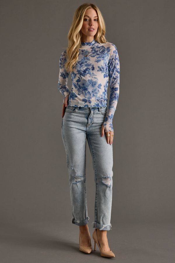 Blue Floral Mesh Top