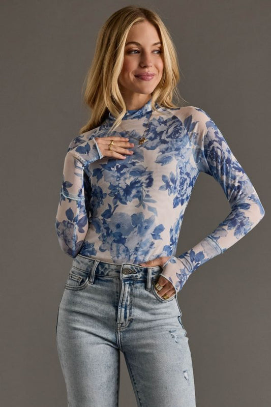 Blue Floral Mesh Top